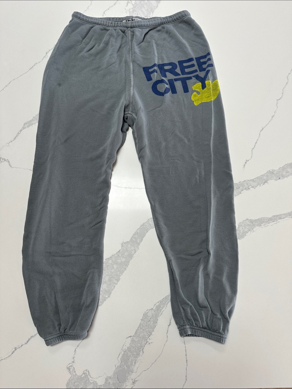 FREE CITY Gray Sweatpants with Blue Logo and Yellow Graphic